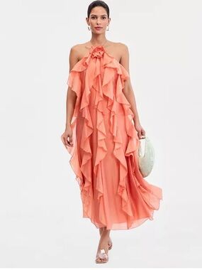 INC Coral Ruffle Halter Maxi Dress